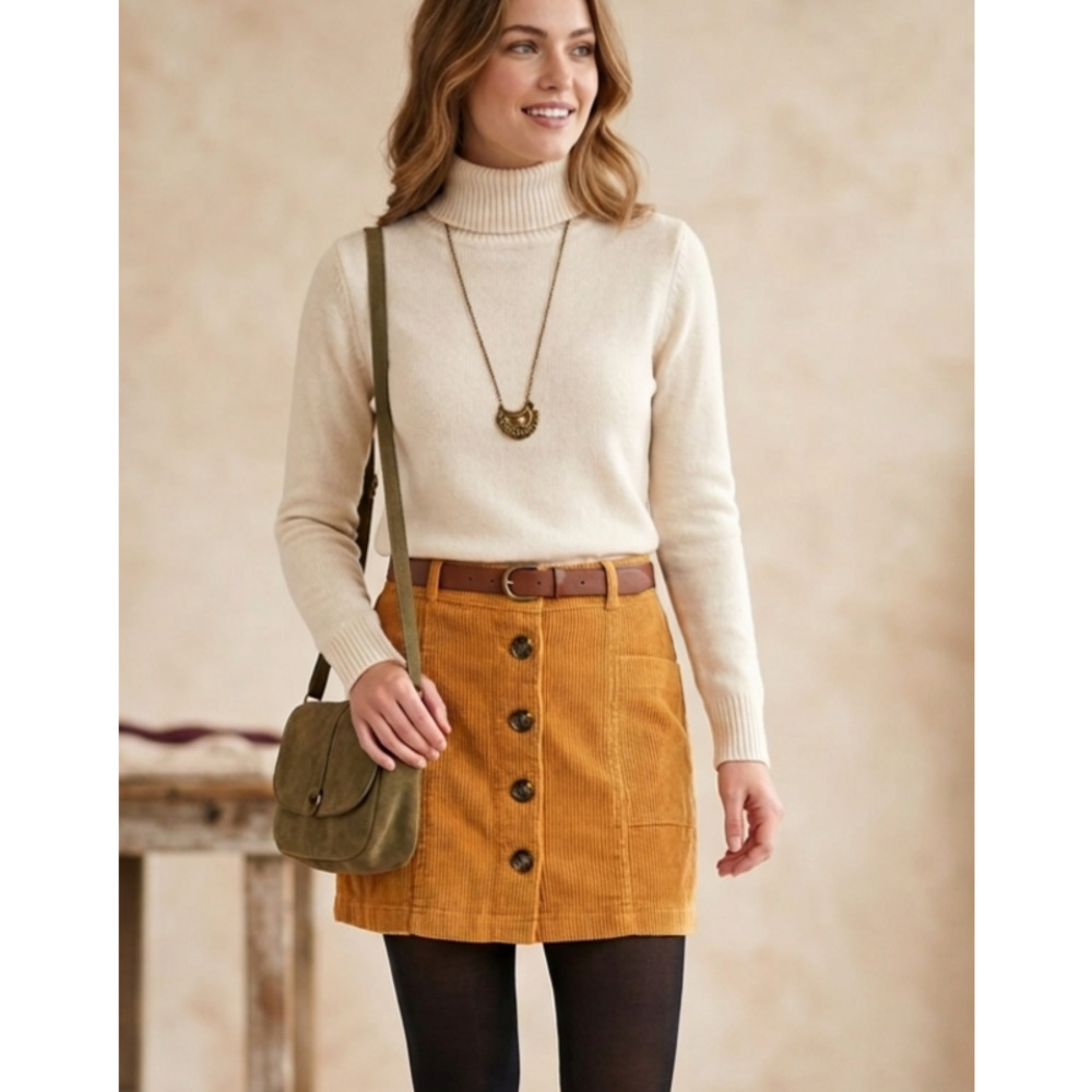 Chloe & Katie Corduroy Button Front Mini Skirt Mustard Yellow Boho Size M